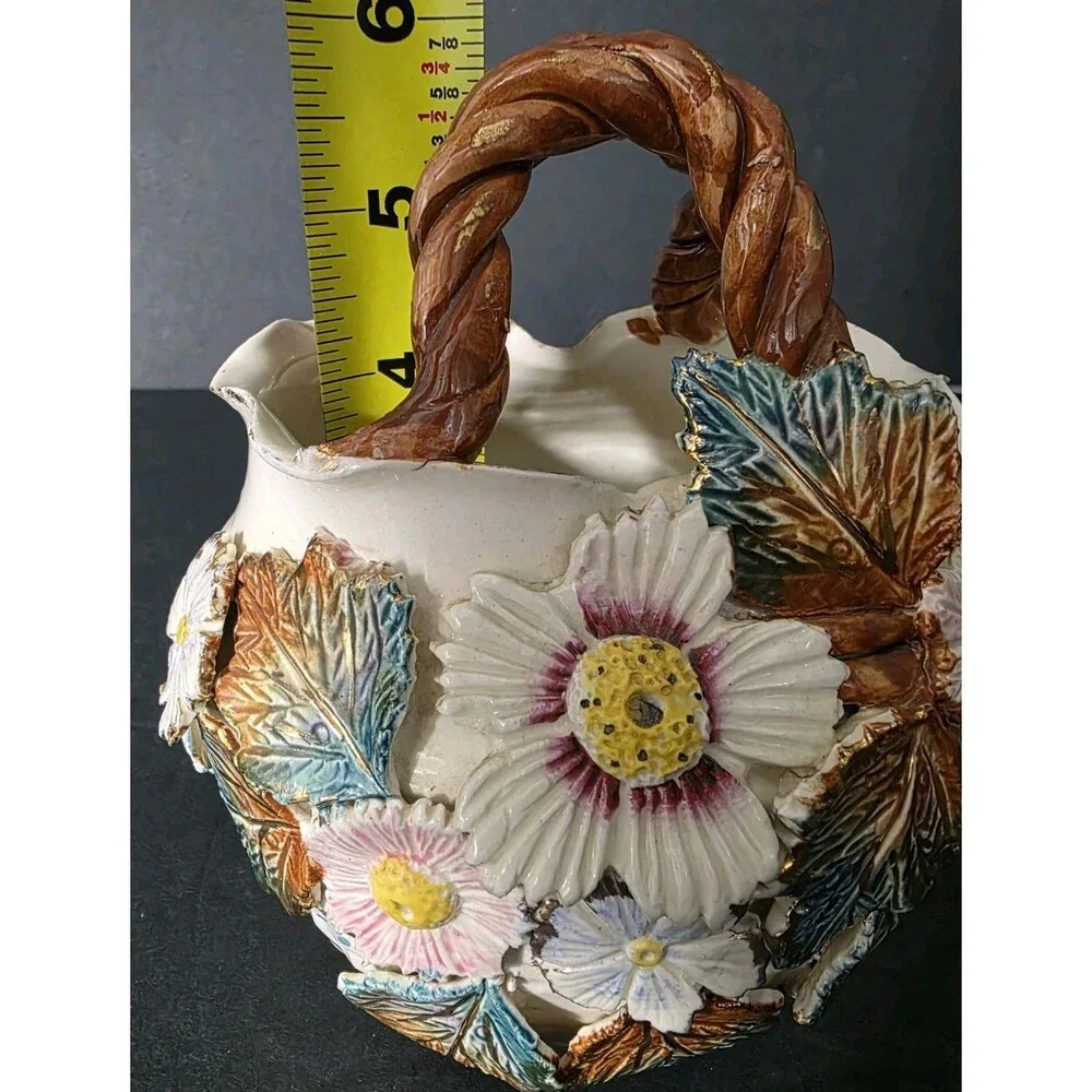 ​Vintage English Pottery Majolica Style Floral Basket Vase Twisted Handle